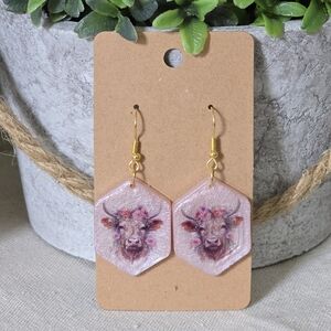 Handmade Resin Pink Hexagon Highland Cow Earrings